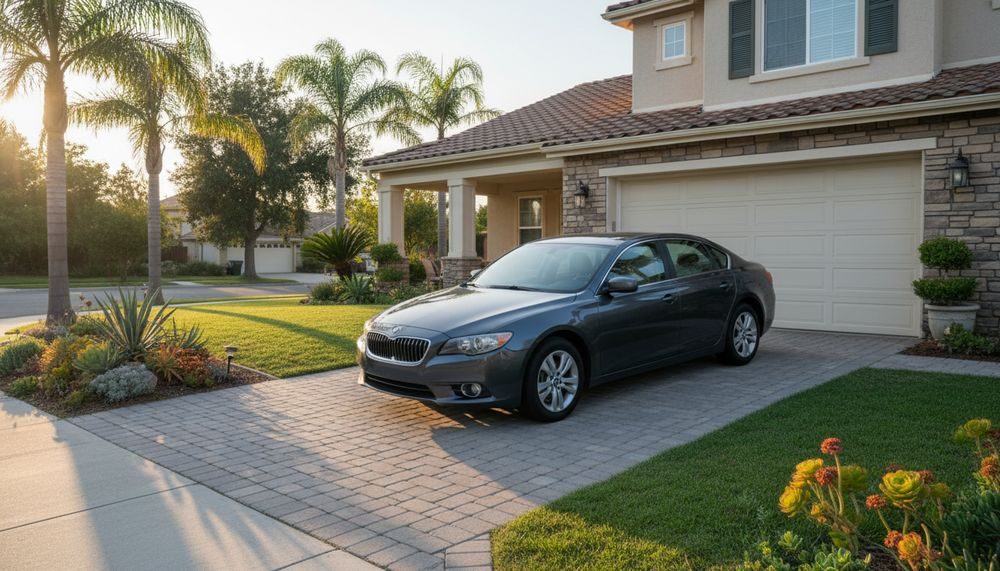 A sedan parked in the driveway of a California home in late afternoon light