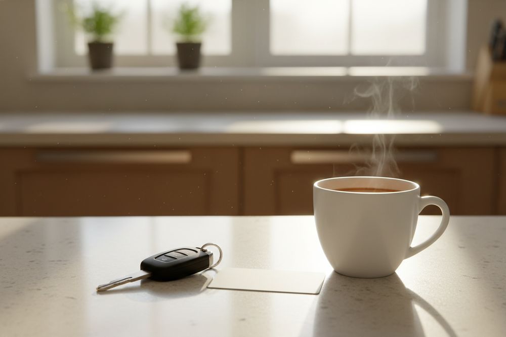 A car key and a mug of coffee on a kitchen counter in morning light