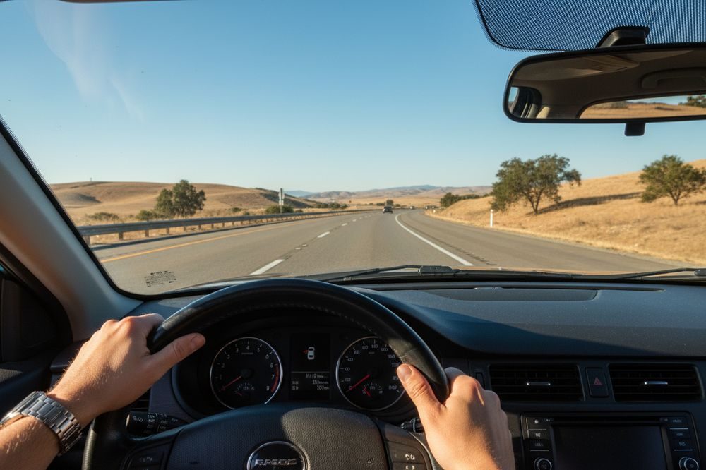 The view from the driverβs seat of a car on a California highway between dry golden hills